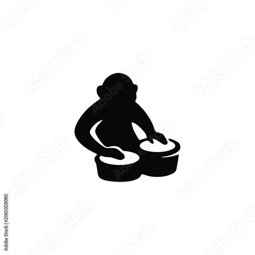 Monkey Silhouette Playing Drums On White Background