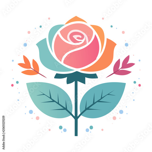Colorful flat design rose with leaves and buds