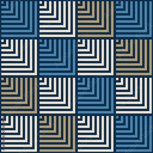Abstract geometric vector seamless pattern with color striped square tiles. Simple color geometric background. Blue, beige, brown colors. For wrapping paper, textile, surface design.
