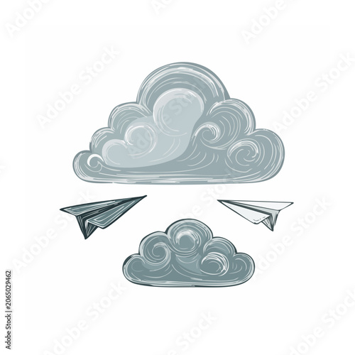Hand Drawn Clouds and Paper Airplanes Illustration