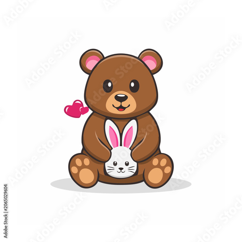 Cartoon bear holding flower and heart