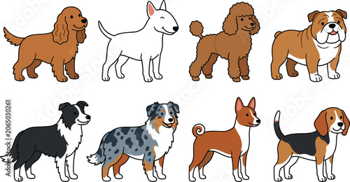  Cute Dog Breeds Vector Illustration Set Featuring Popular Domestic Pets and Pedigree Animals for Veterinary Clinic Branding, Websites, and Pet Care Designs