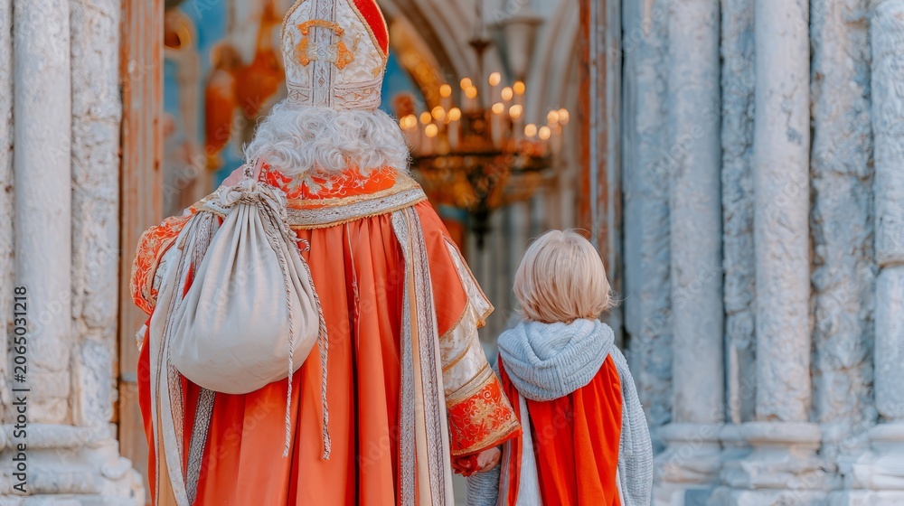 Obraz premium Medieval European Bishop Costume with Child in Historical Setting