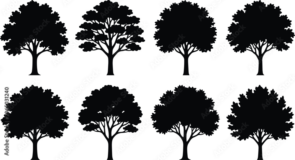 Fototapeta premium Deciduous Tree Silhouette Collection Black Vector Bundle for Landscape Design