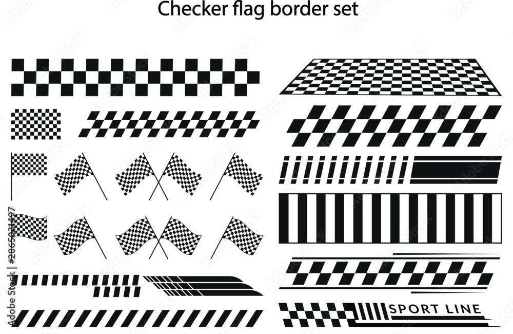 Naklejka premium Checker flag border set. Racing checkered frame patterns collection, motorsport rally finish line banners, and abstract sport car speed decal vector elements