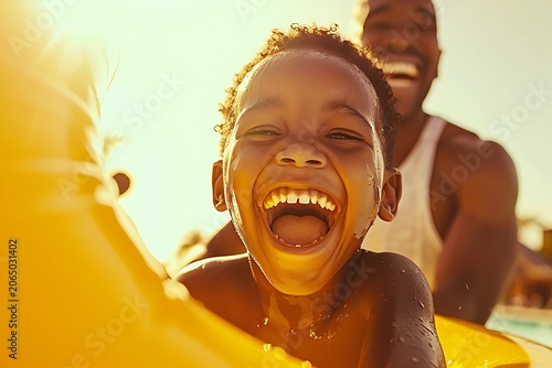 Happy African American father and son laughing together on a water slide at the pool during summer vacation