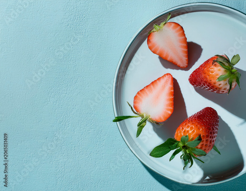 Strawberries are placed on a white plate against a blue background. Some strawberries are whole, while others are cut in half, displaying their bright red color and green leaves. Copy space AI generat