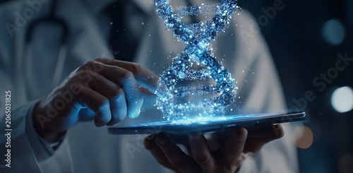 Abstract luminous DNA molecule. Doctor using tablet and check with analysis chromosome DNA genetic of human on virtual interface. Medicine. Medical science and biotechnology.