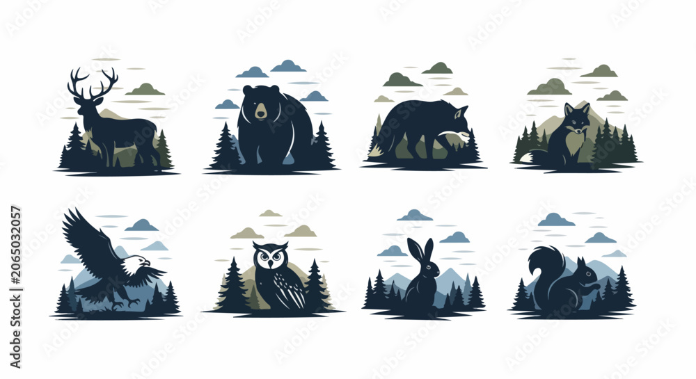 Fototapeta premium Wildlife Forest Mountain Silhouette Illustrations.