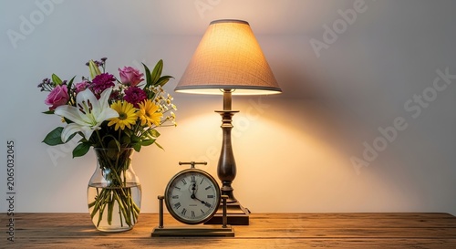 Desk lamp with flower bouquet and vintage clock on table
