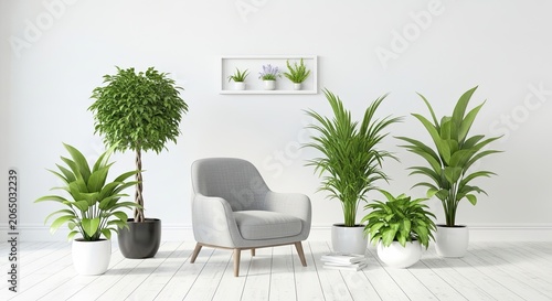 Modern armchair surrounded by green potted plants in white room