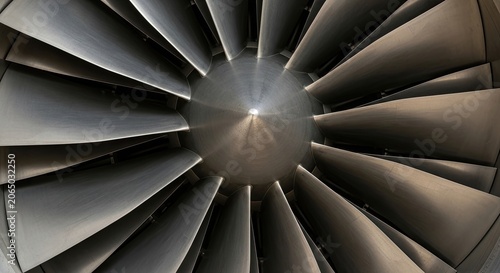 Modern aircraft jet engine turbine blades close up