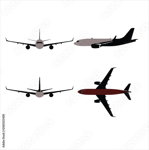 Collection of airplanes front and side views isolated on gray transparent background.