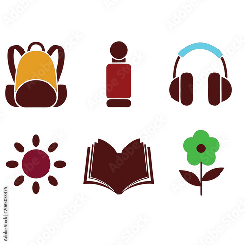 Collection of icons for education, nature, and personal items on transparent background.