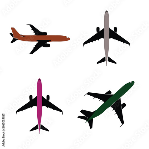 Graphic collection of various airplane styles with colorful bodies and black wing parts.