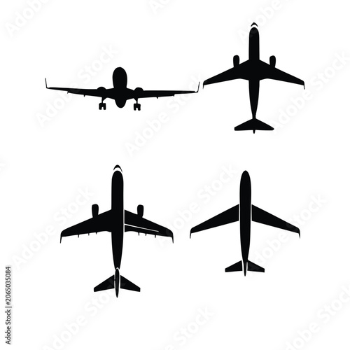 Set of four silhouette airplane icons representing different aircraft positions and views.