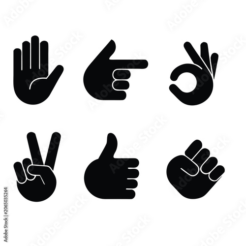 Set of six hand gesture icons showing various sign language and communication symbols here.
