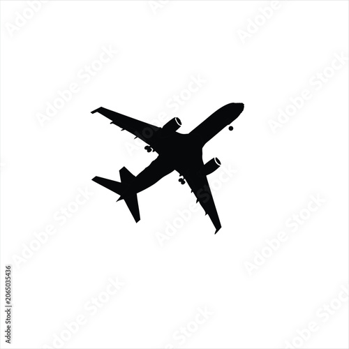 Bottom view of large passenger airplane flying silhouette isolated on transparent background.