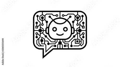 A smiling robot head with circuits appears in a speech bubble on a digital background created with AiZaSyDtFAsorsOCAxTnT_BTX61--pjKsSzhqVc