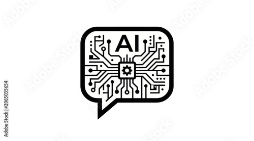 A circuit board with AI logo in a speech bubble is shown clearly.