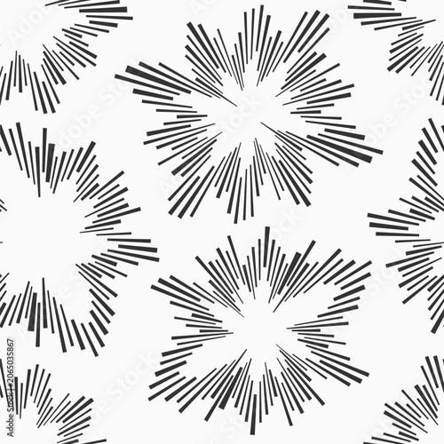 Abstract seamless vector pattern with burst black shapes isolated on white background. Explosion radial lines. Vector monochrome background.