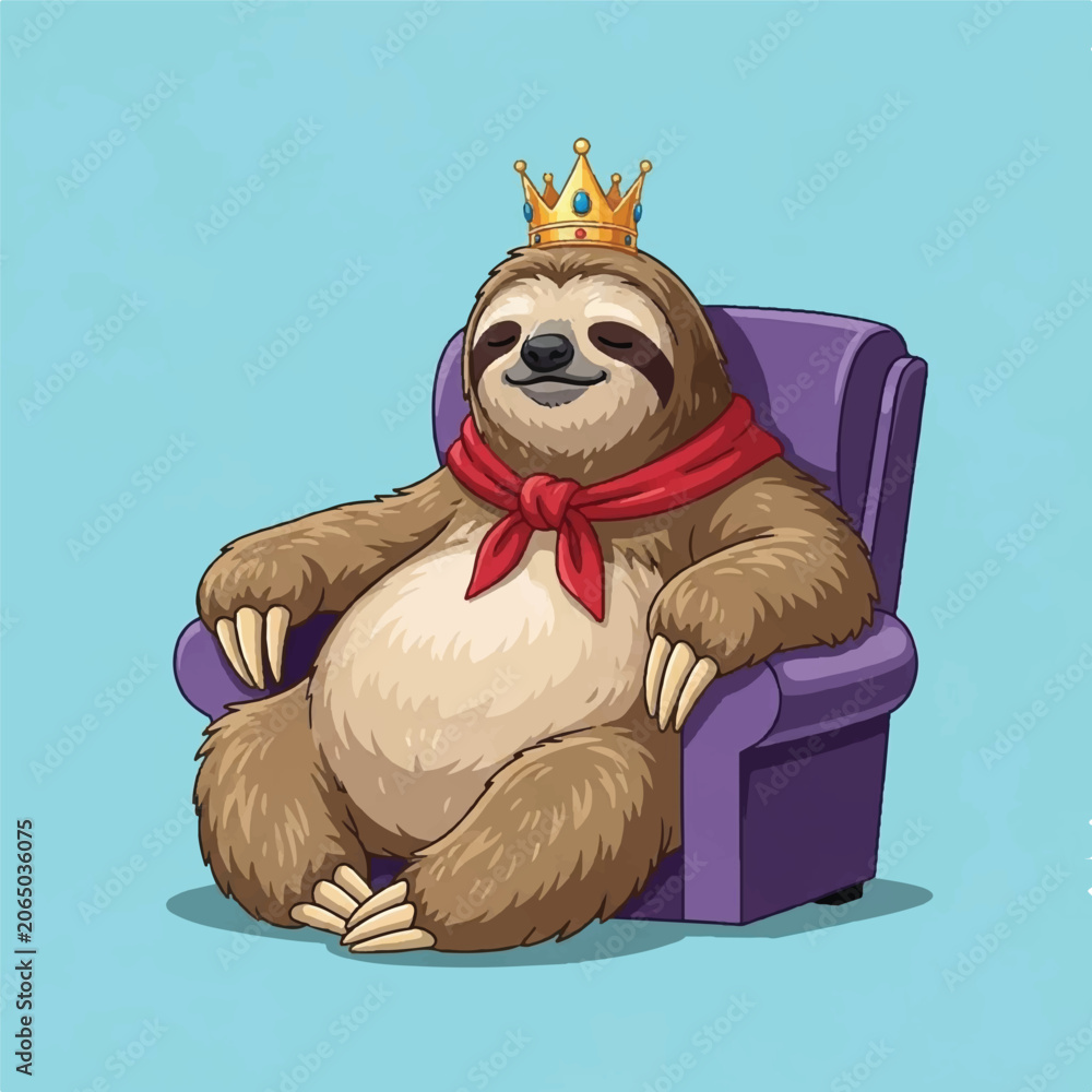 Fototapeta premium Sloth Wearing Crown Sitting on Chair.
