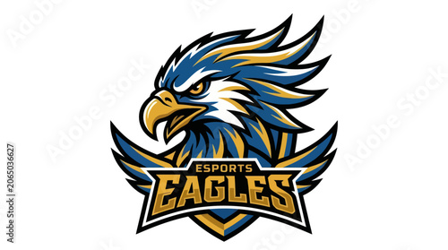 A vibrant blue and gold eagle head illustration on a white background with dynamic feathers and Sport Eagles text