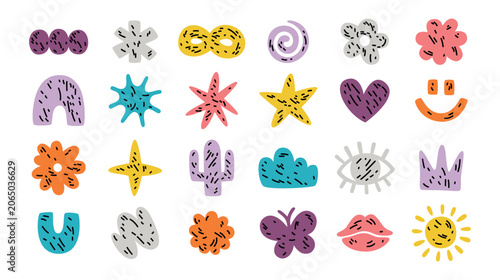 Futuristic hand drawn cartoon elements. Set of abstract flat geometric symbols in Y2K style for design. Colorful signs of flowers, butterflies, crowns, eyes, hearts, stars, lips, cacti with outlines. 