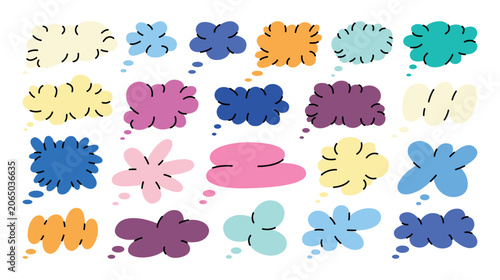 Big set of word bubbles for text, thought clouds, empty frames for chats and messages. Retro futuristic abstract geometric shapes, forms and figures. Clouds, bubbles and 3D objects in various colours.