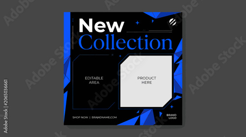 A stylish AiZaSyDtFAsorsOCAxTnT_BTX61--pjKsSzhqVc graphic design template for a nanang he product showcase on a dark background with blue accents and white shapes.