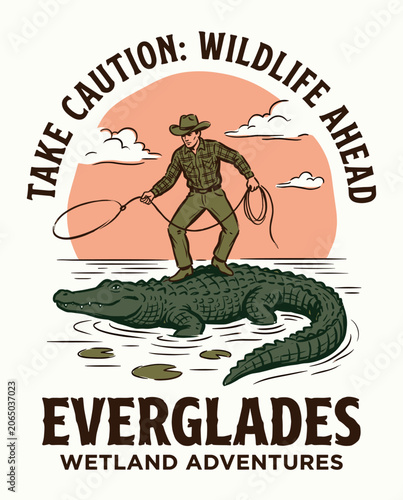 Cuadro en lienzo Retro vintage badge illustration of a brave cowboy wrangler standing on a large green alligator in the Florida Everglades wetland swamp during a vibrant orange sunset backdrop scene