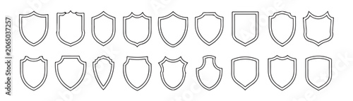 Large collection of various shield outline shapes for security and protection concepts on transparent grid.