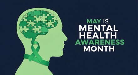 Mental health awareness month illustration with puzzle brain and ribbon
