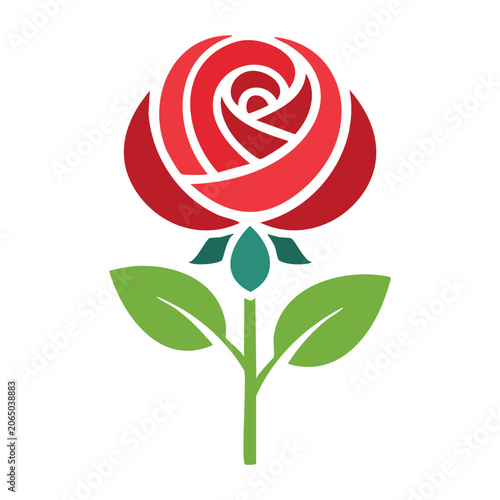 Red rose icon with green leaves on transparent background