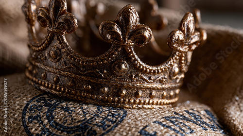 Golden Crown Resting on Stamped Burlap Sack in Symbolic Still Life Macro Study