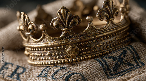 Ornate Brass Crown Pressing into Burlap from Above in Regal Still Life Detail