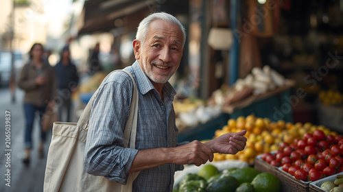 Man browsing outdoor market showing curious cheerfulness with casual clothes vegetable stall and morning light creating everyday candid portrait generative AI