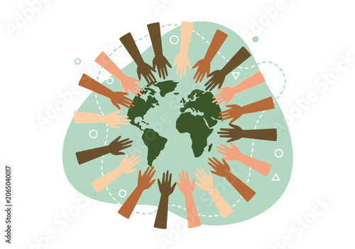 Принти на полотні Global unity illustration featuring diverse hands surrounding the earth