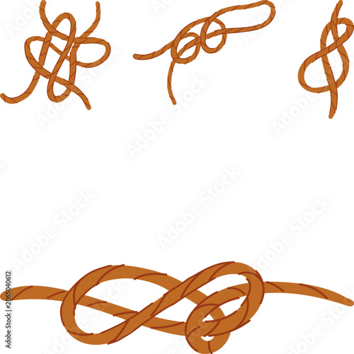 Tablou pe pânză Various intricate and simple knots using a single piece of brown rope, creating