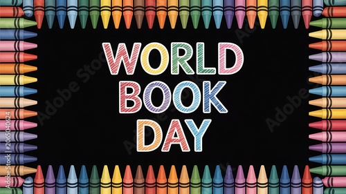 World book day celebration with colorful crayons and creative reading background