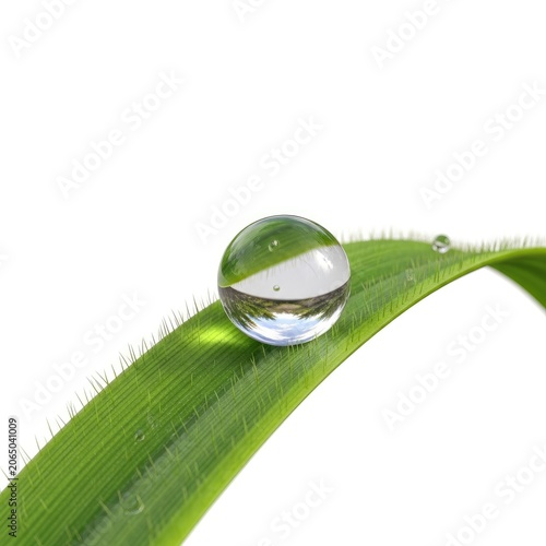 Close-up of a perfect water droplet on a vibrant green blade of grass, isolated on a clean white background.