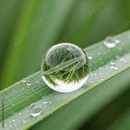 Close-up of a perfect spherical water drop on a green grass blade reflecting the surrounding foliage.