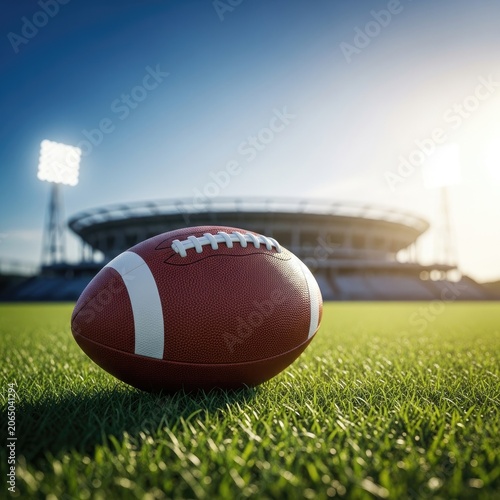 American Football Ball on Green Grass Field in Stadium at Sunset.