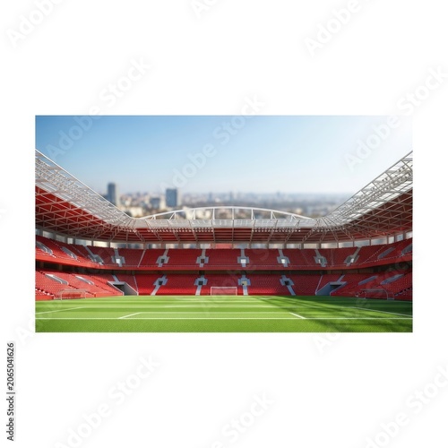 Empty modern football stadium with red seats and green pitch under blue sky.