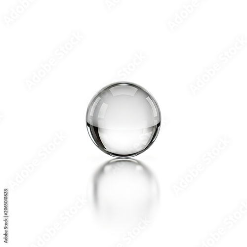 Clear Glass Sphere Reflecting Light on White Background.
