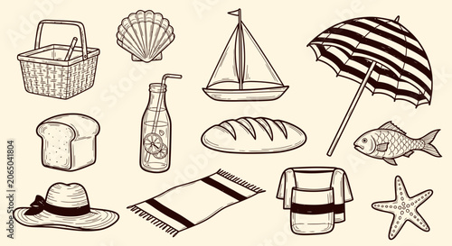 Obraz na plátně A hand drawn set collection of beach items on the sand