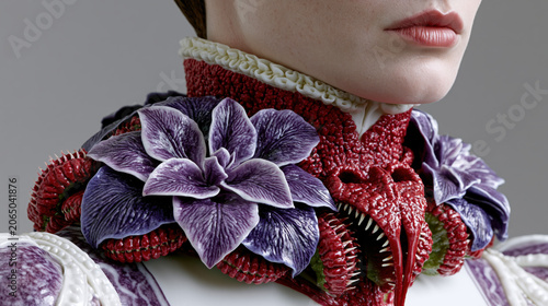 Dramatic Close-Up of a Layered Purple Petal Collar in Avant-Garde Botanical Fashion