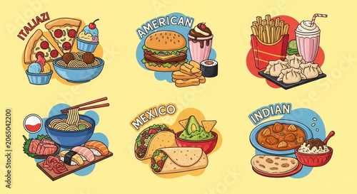 International food menu icons set with various world cuisines.