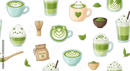 Kawaii matcha tea ceremony tools and drinks seamless pattern.