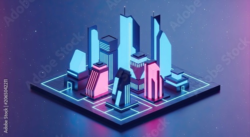 Isometric futuristic cyberpunk city model with neon lights.